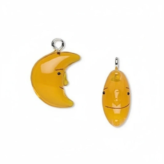 Lampwork Glass Half Moon Charm, Yellow/Orange, 15x13mm