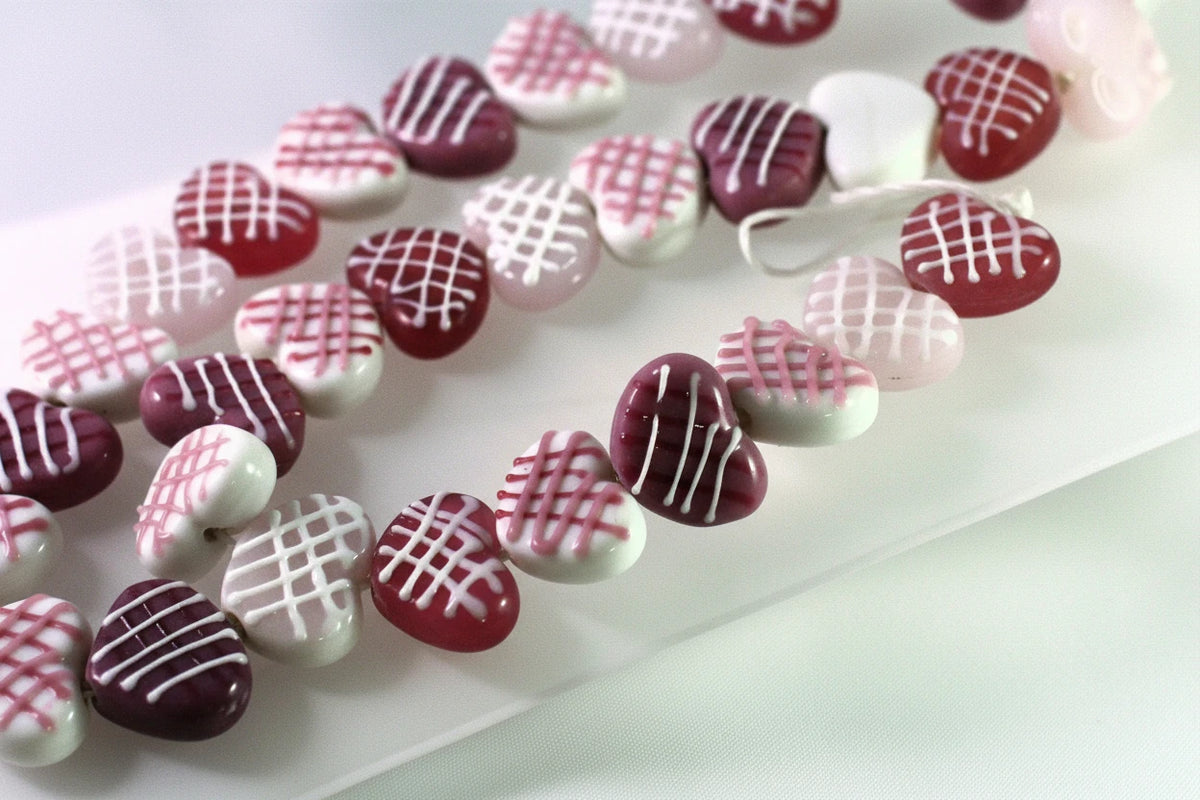 Lampwork Glass Heart Beads, Pink & White Criss Cross, 16x20mm, 1 strand