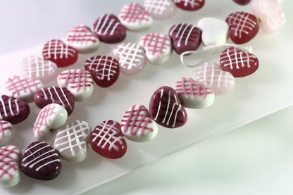 Lampwork Glass Heart Beads, Pink & White Criss Cross, 16x20mm, 1 strand