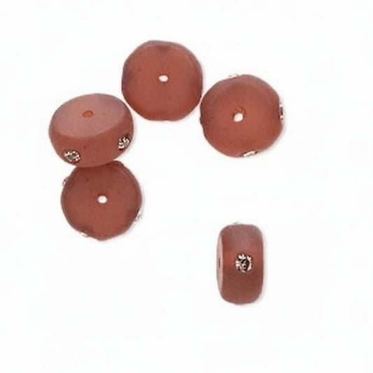 Frosted Brown Resin Rondelle Beads with Swarovski Crystals, 10x5mm, 5 pcs