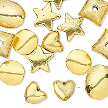 Antiqued Gold Plated Pewter Mixed Shape Bead Mix, Assorted, 25 pcs
