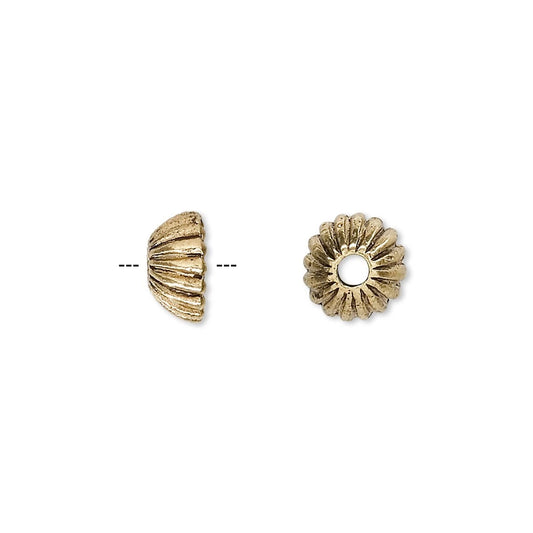 Antiqued Gold Pewter Ridged Round Bead Caps, 9x4mm, Fits 6-8mm Beads, 24 pcs