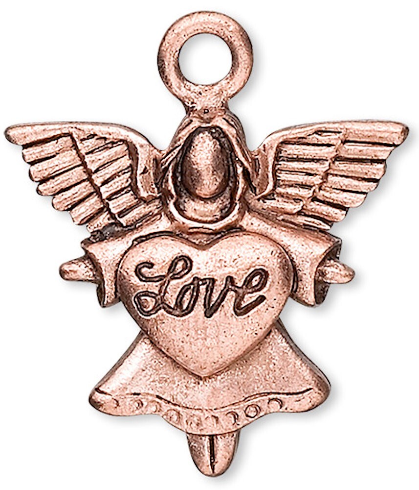 Antiqued Copper Plated Pewter Angel with LOVE Heart Charms 21x20mm – 2 pcs