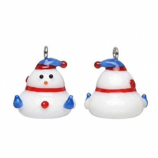 Lampwork Glass Snowman Charm, White with Blue Hat, 15x14mm, 1 pc