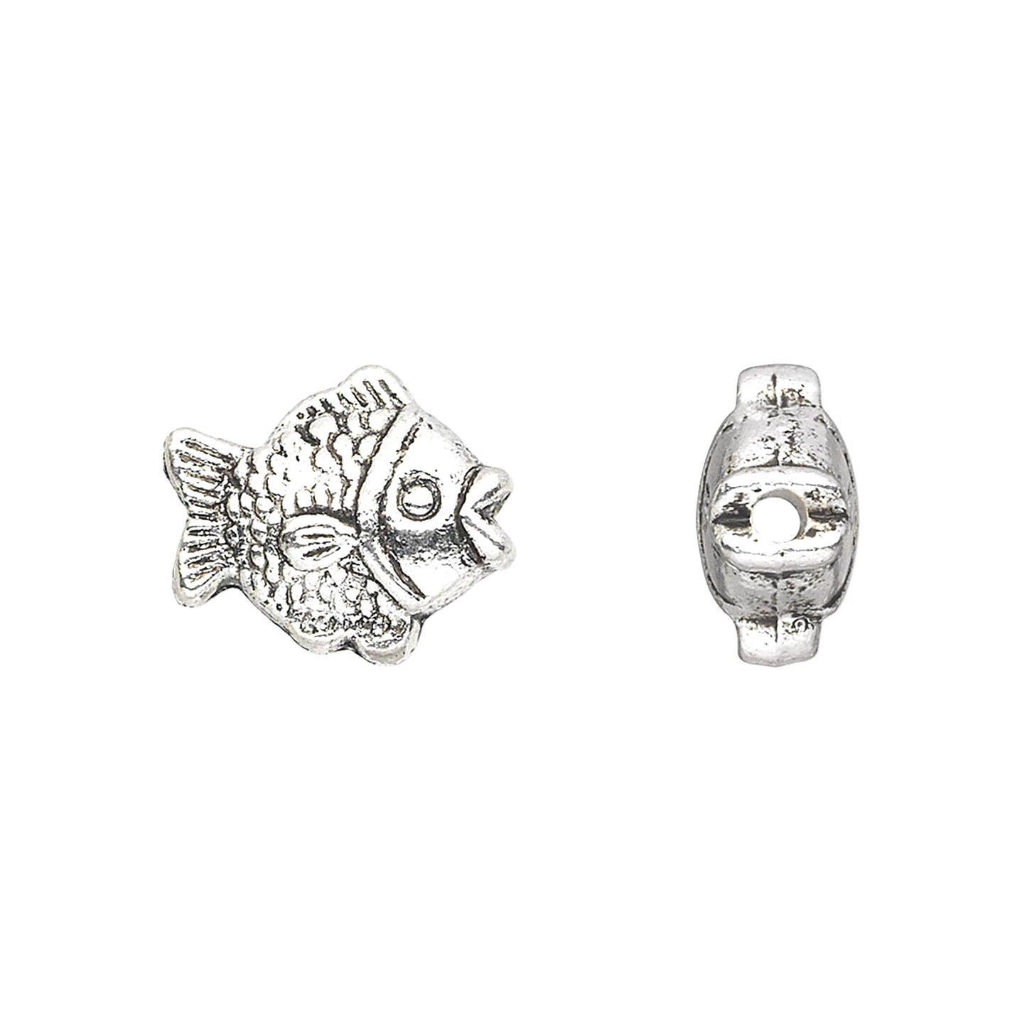 Antiqued Silver Plated Pewter 15x13mm Double Sided Puffed Fish Beads, 10 pcs