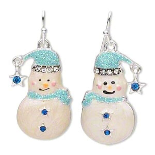 Silver Pewter Enamel Snowman Earrings or Charms, 26x14mm, 1 pair