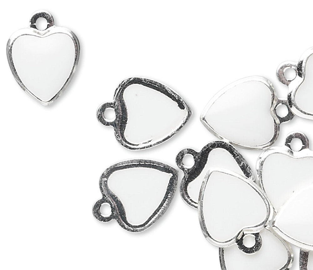 Silver Plated White Enamel Heart Charms, 9x7mm, 12 pcs