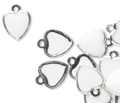 Silver Plated White Enamel Heart Charms, 9x7mm, 12 pcs