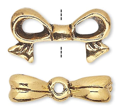 Antiqued Gold Plated Pewter 3D Bow Topper Beads, 16x9mm, 4 pcs