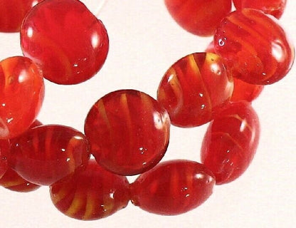 Lampworked Glass Orange-Red Swirl 11-12mm Puffed Coin Beads, 1 Strand (approx. 35-37)