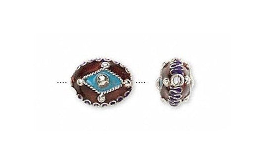 Brown & Turquoise Cloisonné Oval Beads 14x12mm, 2 pcs