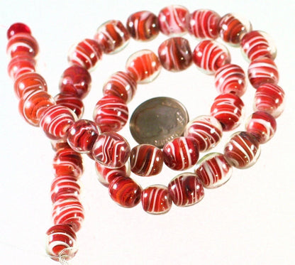 Clear, Red & White Swirl Lampworked Glass Beads, 10mm, 1 Strand (approx. 38-40)
