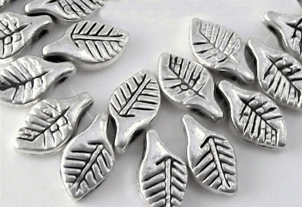 Antiqued Silver Pewter 10x6mm Double-Sided Leaf Charm Beads, 100 pcs