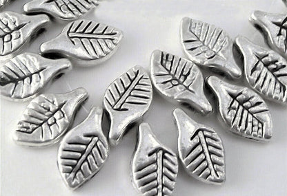 Antiqued Silver Pewter 10x6mm Double-Sided Leaf Charm Beads, 100 pcs