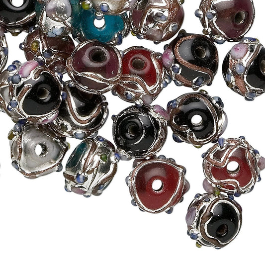 Lampwork Glass Bumpy Rondelle Beads, Multicolor with Silver, 50g