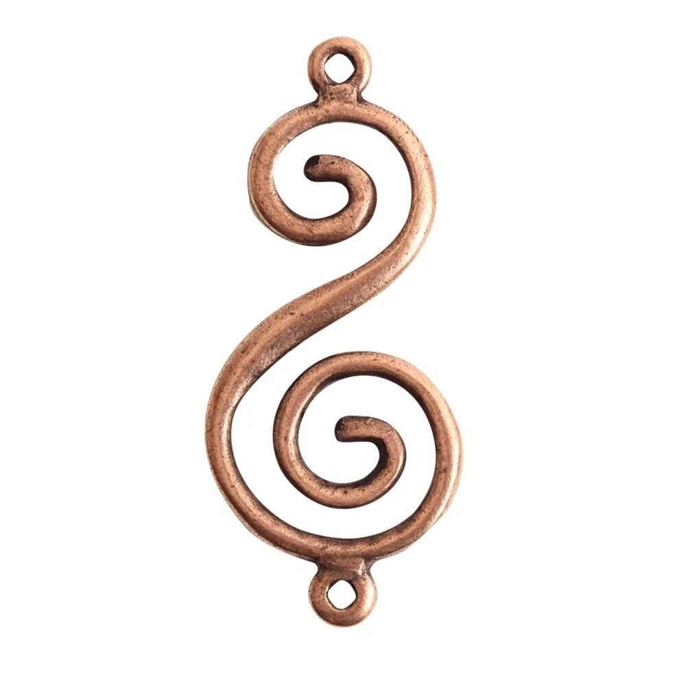 A single copper-colored metal jewelry charm with an S-shaped design and spiral details, isolated on a white background.