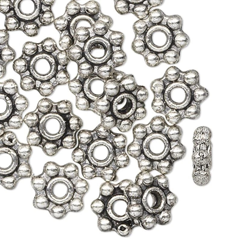 Antiqued Silver Plated Pewter 5x2mm Dotted Daisy Rondelle Beads, 24 pcs