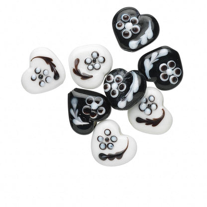 Lampwork Glass 14x16mm Heart Beads with Flowers, Black & White, 8 pcs