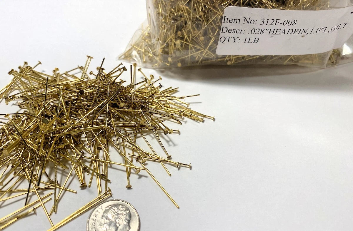 Gilt-Plated Brass Head Pins, 1 inch, 21 Gauge, 1 lb (approx. 5,488 pcs)