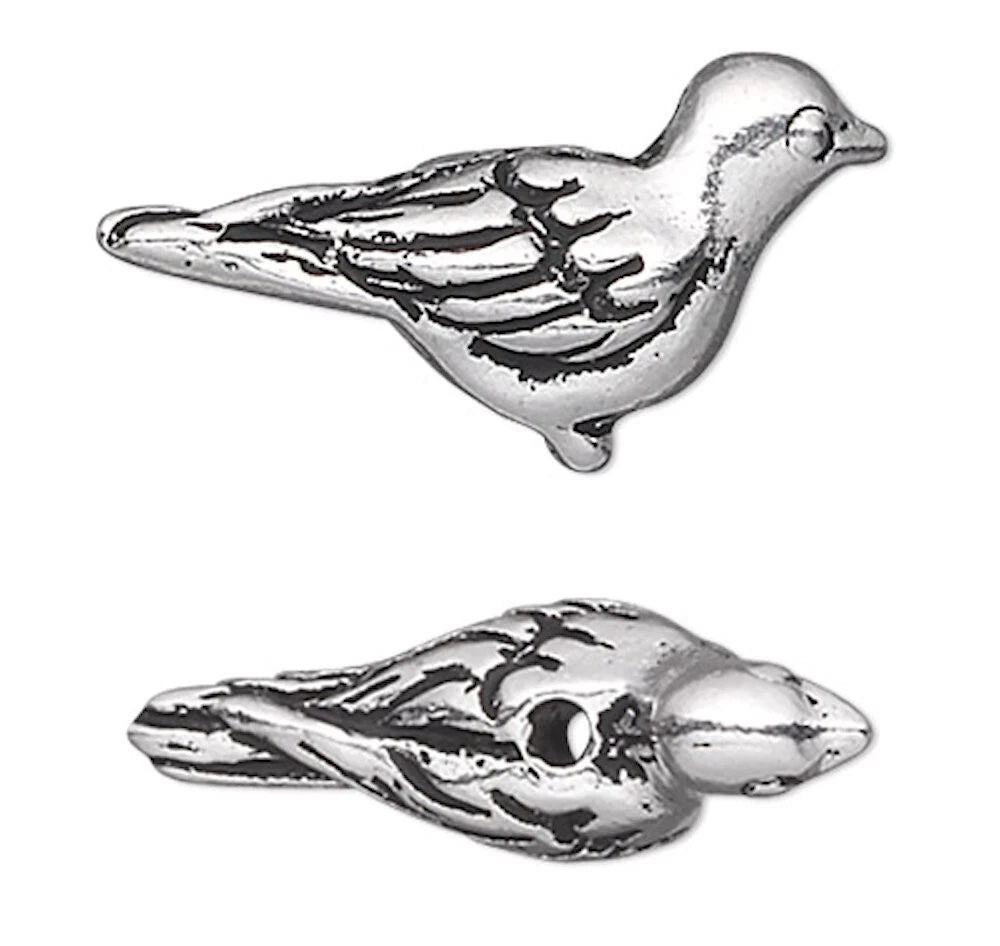 Antiqued Silver Plated Pewter Double-Sided 3D Paloma Bird Beads, 14.5x7mm, 2 pcs