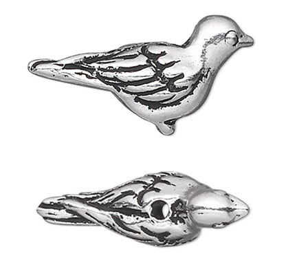 Antiqued Silver Plated Pewter Double-Sided 3D Paloma Bird Beads, 14.5x7mm, 2 pcs