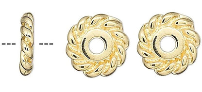 Gold Plated Pewter Twisted Rope Rondelle Beads, 7x2mm, 24 pcs