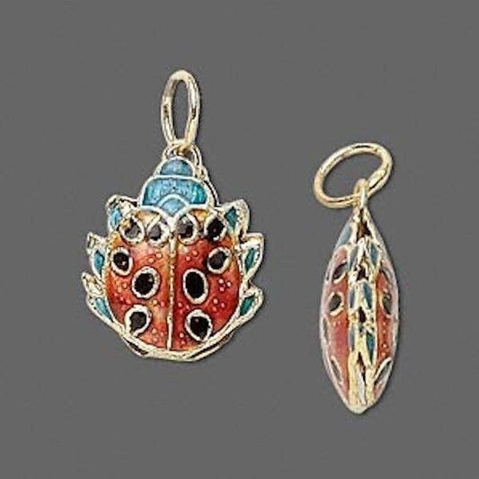 Red Cloisonné Ladybug Charm Pendants 20x16mm, 4 pcs