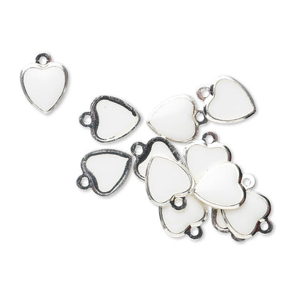 Silver Plated White Enamel Heart Charms, 9x7mm, 12 pcs