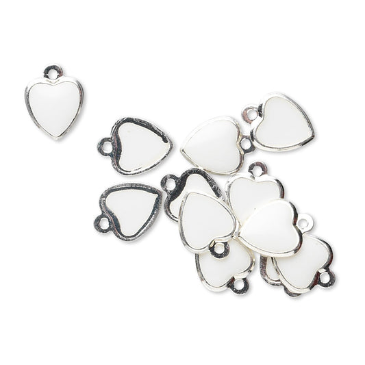 Silver Plated White Enamel Heart Charms, 9x7mm, 12 pcs