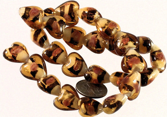 Lampworked Glass Honey & White Pink Swirl Heart Beads, 14-15mm, 1 Strand (approx. 26)