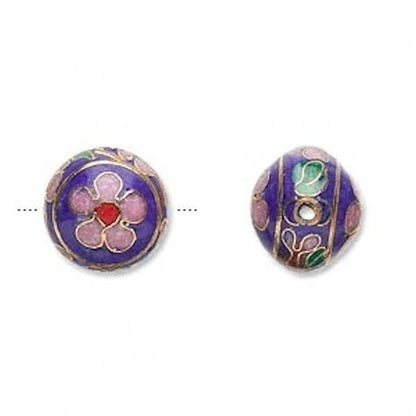 Cobalt Blue Cloisonné Puffed Flat Round Flower Beads 14mm, 4 pcs