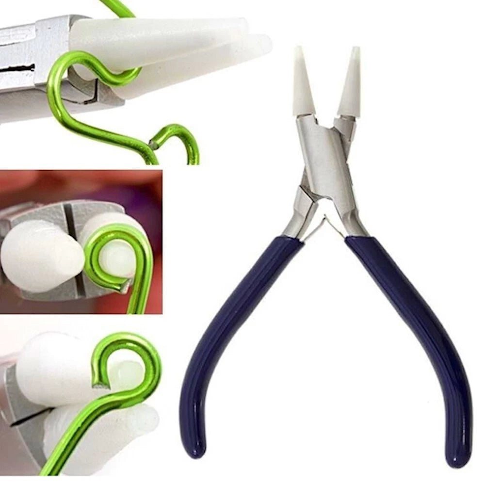 Round nose pliers with dark blue handles and silver metal jaws, shown alongside a bright green wire loop being bent in inset demonstration photos on a white background.