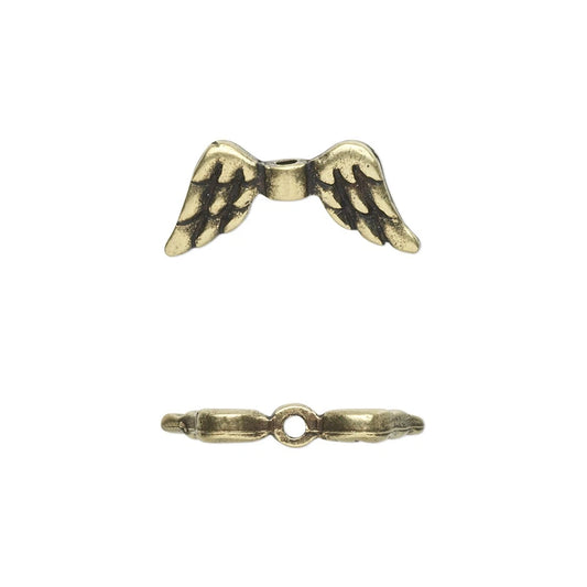 Antiqued Brass Plated Pewter Double-Sided Angel Wing Beads, 20x9mm, 2 pcs