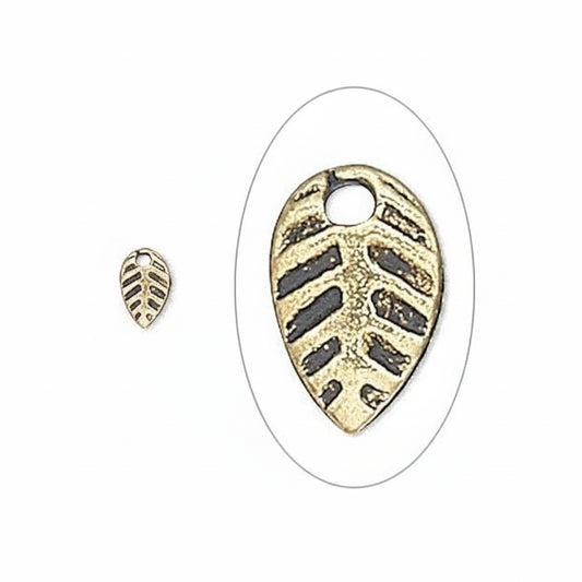 Antiqued Gold Pewter Leaf Drop Charms, 8x5mm, Single-Sided, 100 pcs