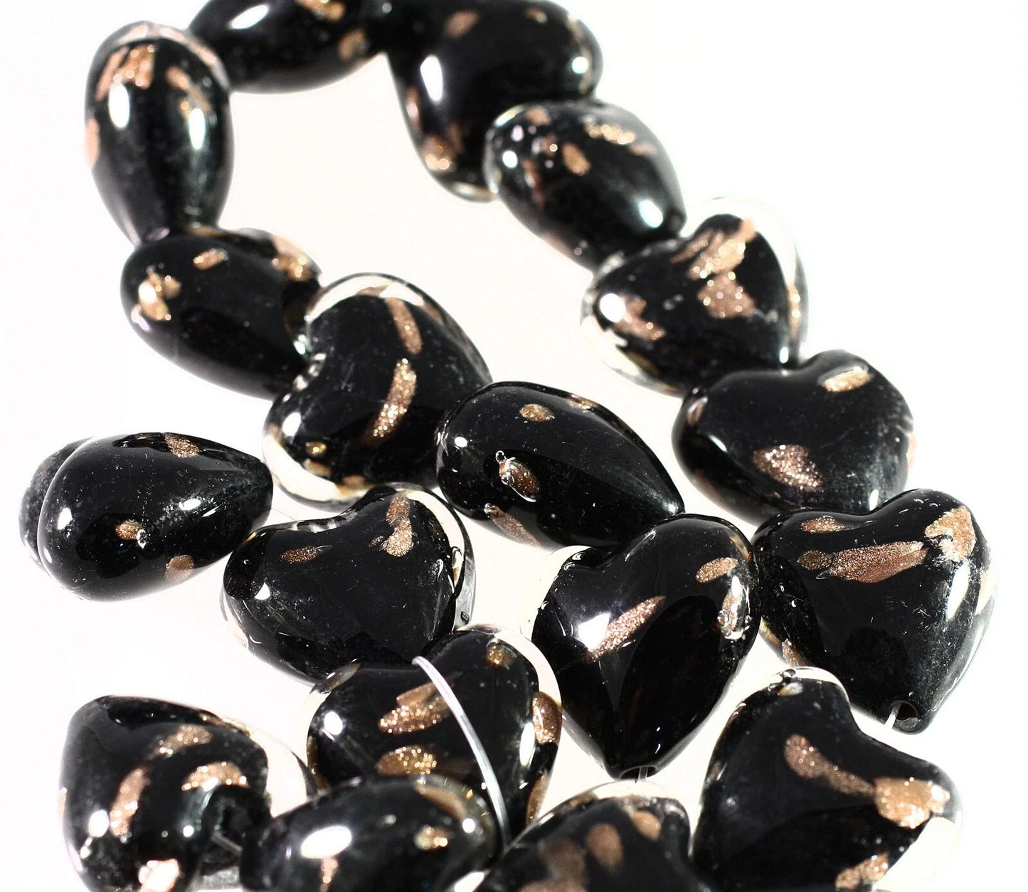 Lampwork Glass Black & Copper Puffed Heart Beads, 25-26mm, 1 Strand (approx. 17-18)