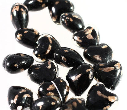 Lampwork Glass Black & Copper Puffed Heart Beads, 25-26mm, 1 Strand (approx. 17-18)