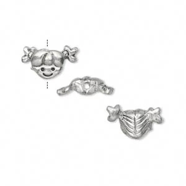 Antiqued Silver Pewter 3D Girl with Pigtails Beads, 13x6mm, 2 pcs