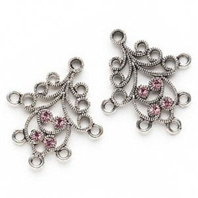 Antiqued Silver Pewter Filigree Teardrop Earring Connectors, Swarovski Rose, 29x21mm, 2 pcs