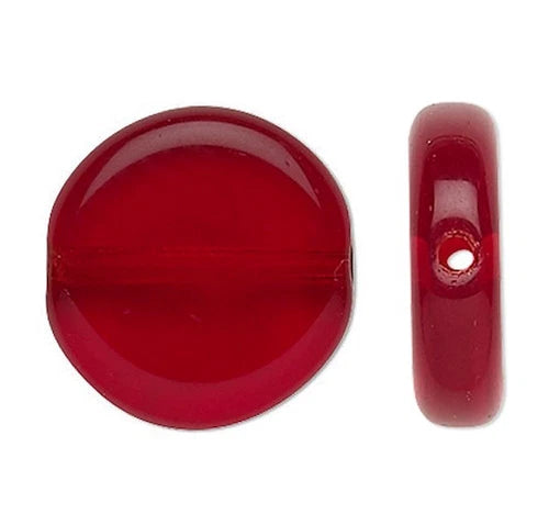 Bead, Transparent Ruby Red Czech Pressed Glass 10mm Flat Round Beads