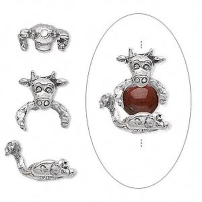 Pewter 3D Bull Bead Hugger Caps, Antiqued Silver, 19x11mm, 2 Sets