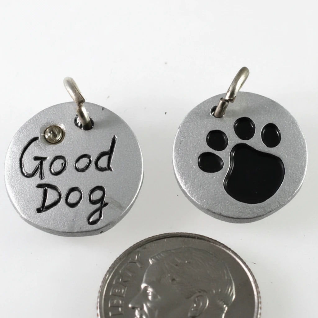 Silver Resin "Good Dog" & Paw Print Double-Sided Charm with Crystal, 16mm