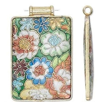 Pendant, 1 Cloisonné Gold Finished Copper Multi-Color 52x37mm (approx. 2 x 1-1/2 inch) Rectangle