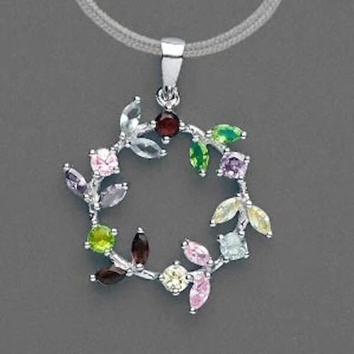 CZ Flower Wreath Pendant, Rhodium Sterling Silver 21mm