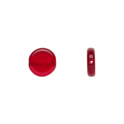 Bead, Transparent Ruby Red Czech Pressed Glass 10mm Flat Round Beads