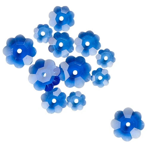 Bead Mix, 12 Trans Med Blue Margarita Flower Glass Crystal of 3 Graduated Sizes