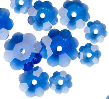 Bead Mix, 12 Trans Med Blue Margarita Flower Glass Crystal of 3 Graduated Sizes