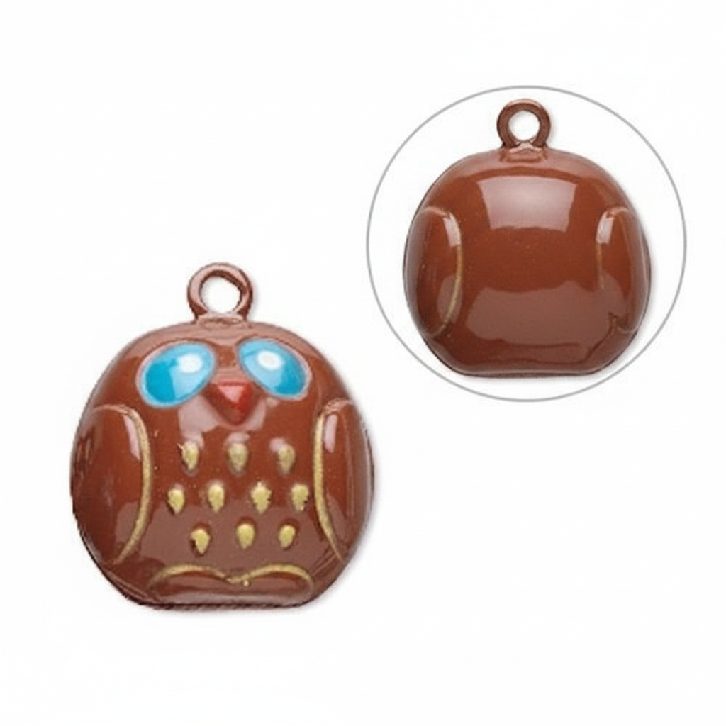 Brown Enameled Brass Owl Bell Charms with Clapper, 23x19mm, 6 pcs