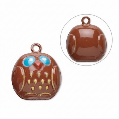 Brown Enameled Brass Owl Bell Charms with Clapper, 23x19mm, 6 pcs