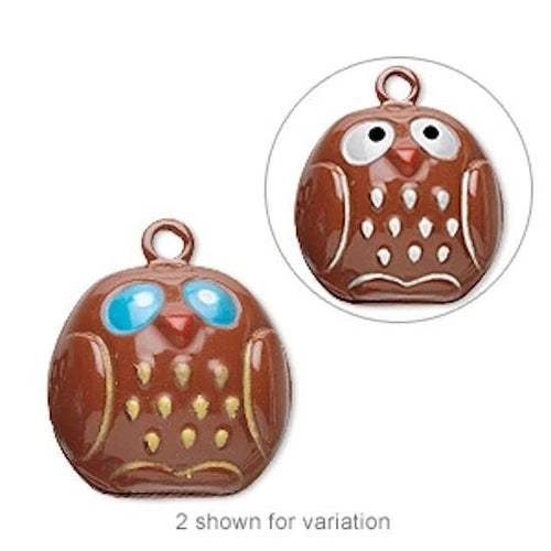 Brown Enameled Brass Owl Bell Charms with Clapper, 23x19mm, 6 pcs