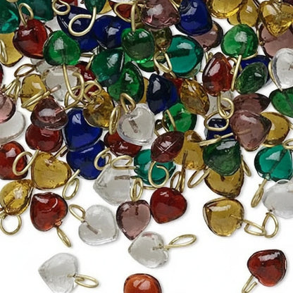 Mixed Glass Heart Charm Drops with Brass Loop, 7mm - 100 pcs
